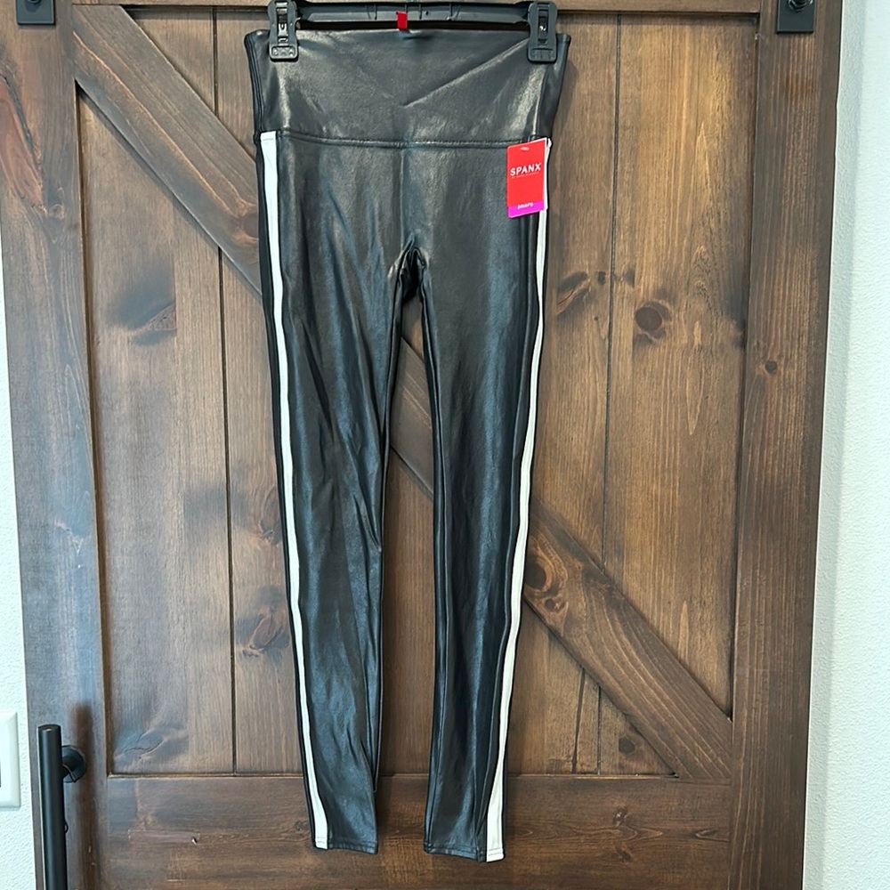 SPANX Black Faux Leather Leggings with White Stripe
